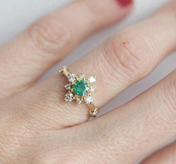Bague De Fiançailles Halo Or Blanc 14 Carats Émeraude Verte 3ct Diamant FL