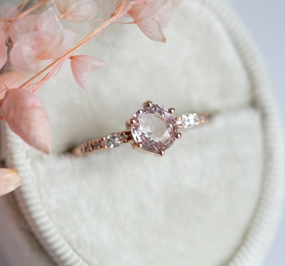 Peach Sapphire Diamond Ring Set Round Peach Pink Sapphire