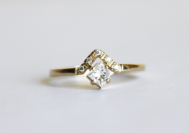 Princess Cut Engagement Ring with Pave Diamond Crown, Modern Minimalist Engagement Ring with Square Diamond image 6