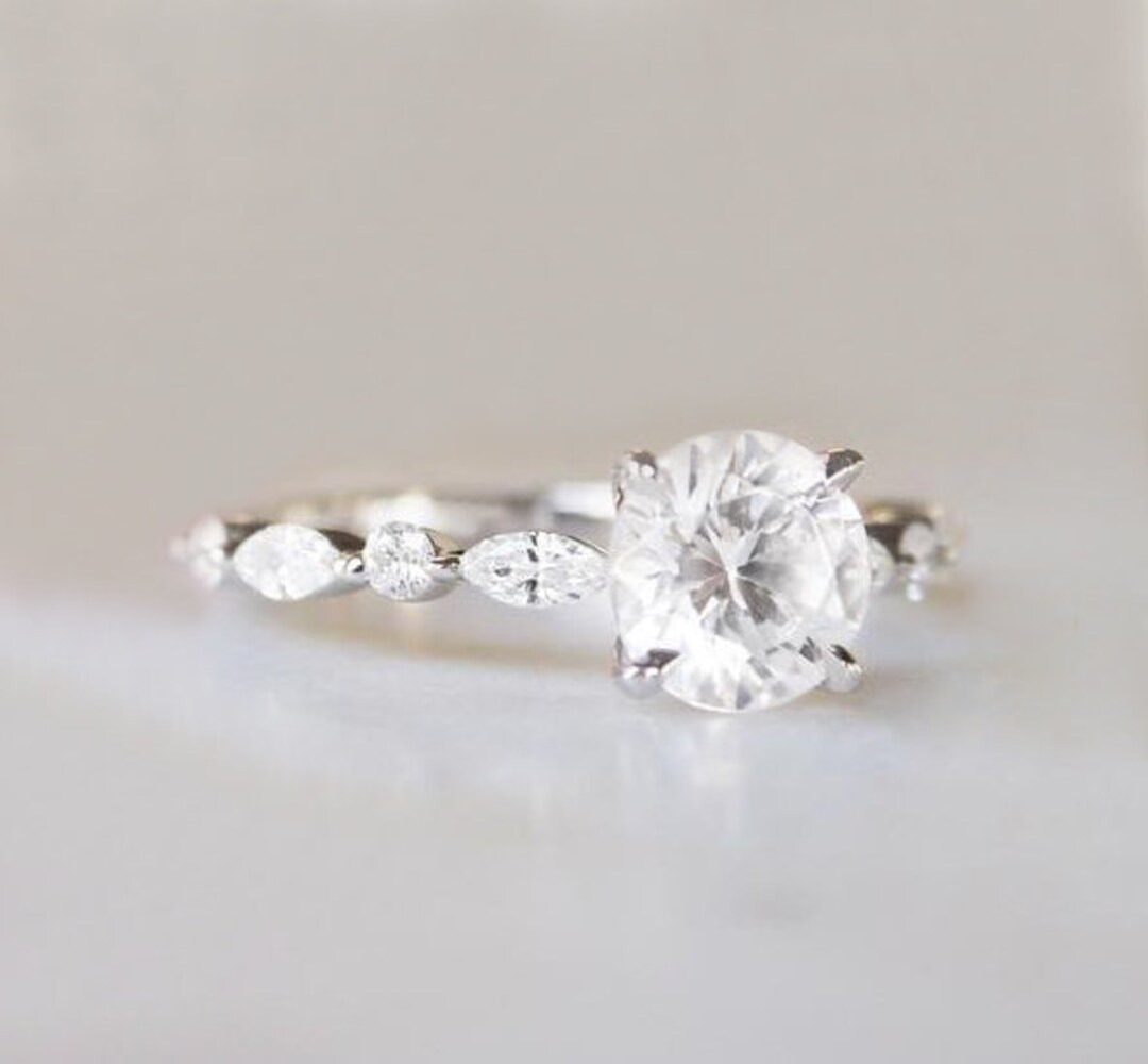 White Sapphire Engagement Ring With Marquise Diamond Band in - Etsy