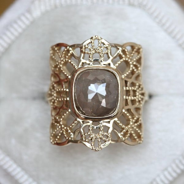 Anillo de compromiso con diamantes grises de talla rosa: anillo de compromiso de oro de 14 k con encaje