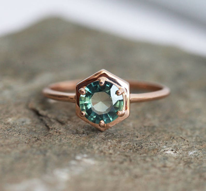 Teal Sapphire Ring, Sapphire Engagement Ring, Teal Blue Sapphire Ring, Rose Gold Sapphire Ring, Hexagong Ring, Simple Engagement Ring image 1