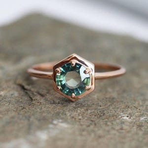 Teal Sapphire Ring, Sapphire Engagement Ring, Teal Blue Sapphire Ring, Rose Gold Sapphire Ring, Hexagong Ring, Simple Engagement Ring