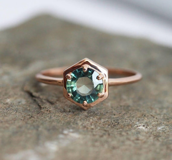 Teal Sapphire Engagement Ring: 18k Rose Gold Hexagon Ring