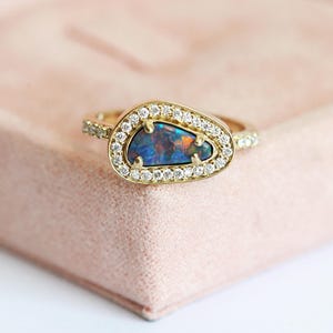 Asymmetrical Australian Black Opal and Diamond Halo Ring in 18k Solid Yellow Gold, One of a Kind Ring with a Bezel Setting image 6