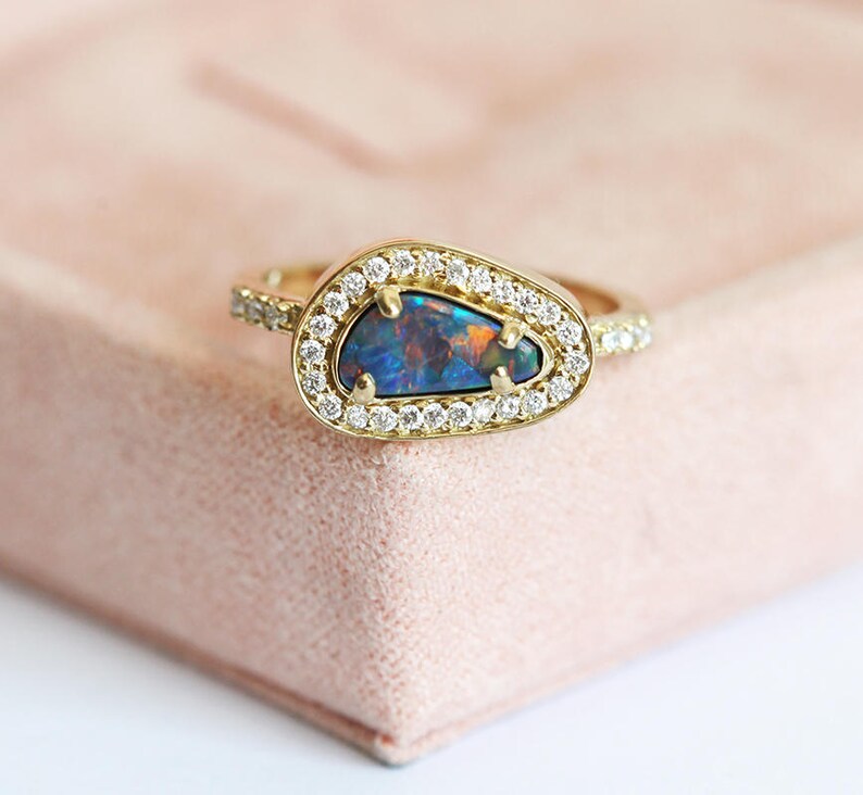 Asymmetrical Australian Black Opal and Diamond Halo Ring in 18k Solid Yellow Gold, One of a Kind Ring with a Bezel Setting image 6