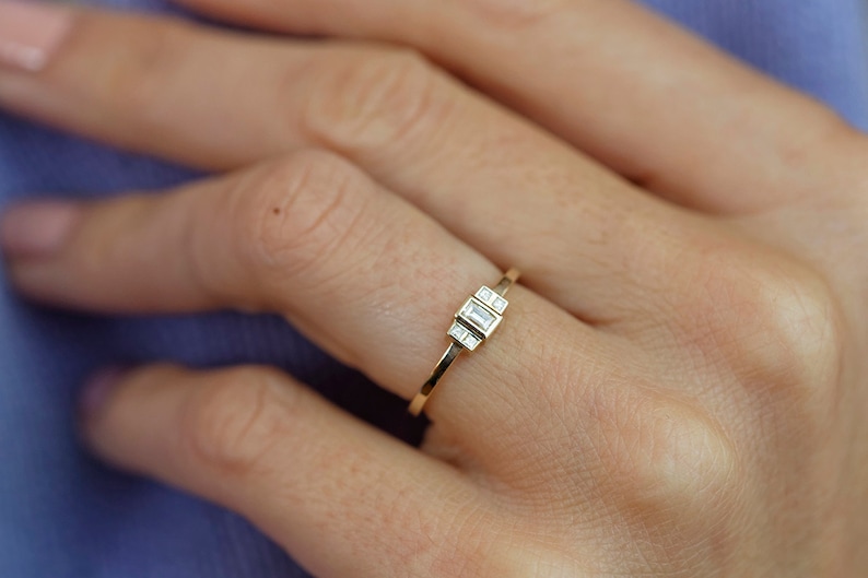 Diamond engagement ring, Baguette cut art deco ring, Modern wedding ring, Accent princess diamonds image 7