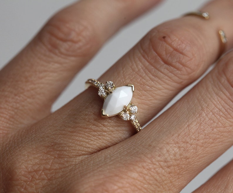 Agate Ring, Diamond Ring, 14k Gold Ring, Engagement Ring, Wedding Ring, Marquise Ring, White Ring, Gemstone Ring, Capucinne image 1