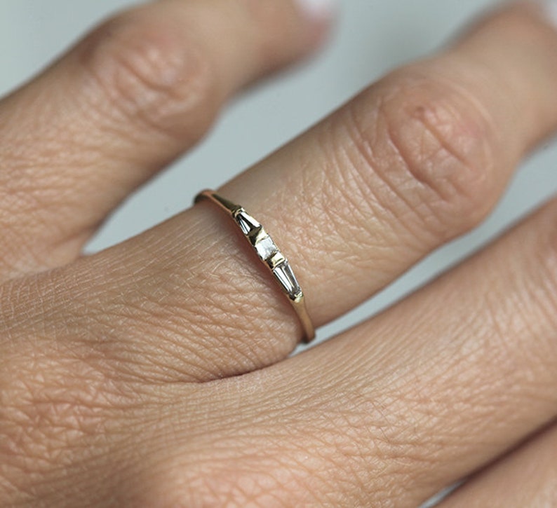 Thin Yellow Gold Band with Baguette Diamonds, Princess Diamond Ring, Baguette diamond ring, yellow gold ring, Rose gold Ring, White gold image 2