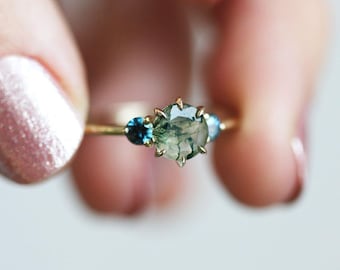 Moss Agate Engagement Ring: Teal Tourmaline Three Stone Ring, 14k Gold
