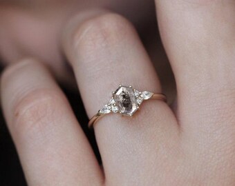 Hexagon Salt and Pepper Diamond Engagement Ring: Geometric Galaxy Gemstone