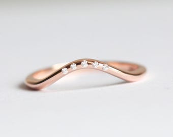 Curved Wedding Band with Diamonds, 14k or 18k Solid Gold