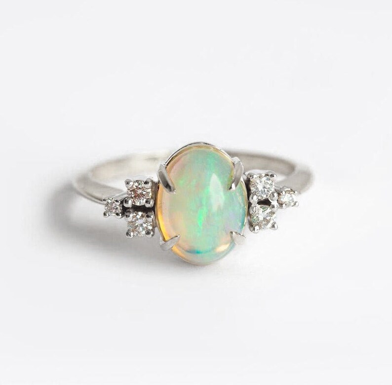 Oval Opal Ring, Opal Ring With Diamonds, Opal Diamond Ring, Diamond Engagement Ring with Opal, Mixed Metals Engagement Ring image 6