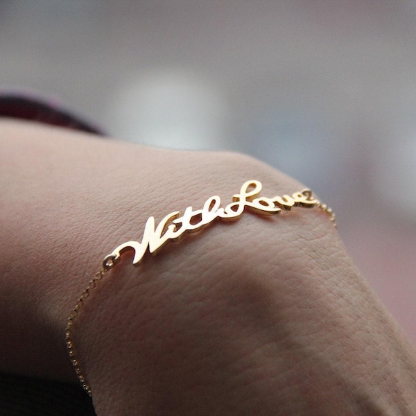 Gold Handwritten Name Bracelet: Personalized Sterling Silver Word Jewelry
