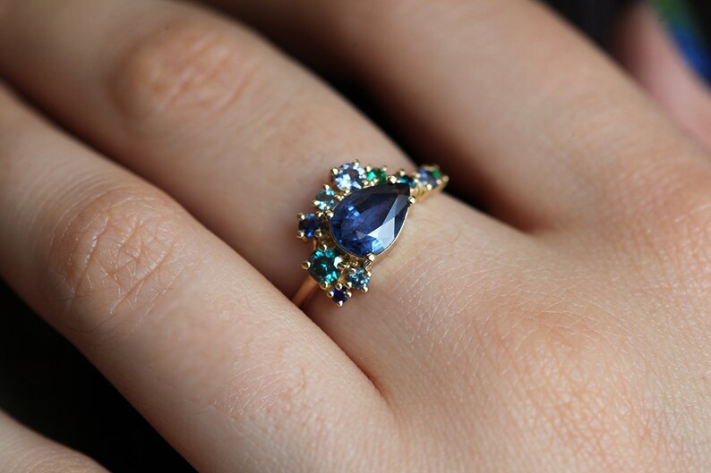 Pear Blue Sapphire Engagement Ring Pear Sapphire Cluster Etsy Australia