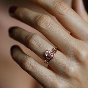 Morganite Ring, Vintage Morganite Ring, Tiara Ring, Pear Morganite Ring, Rose Gold Engagement Ring Set, Engagement Set, Wedding Ring Set image 3