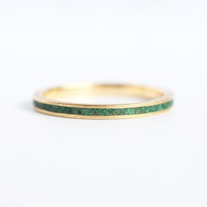 Thin ring, Emerald inlay engagement band, Green gemstone ring