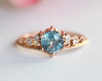 Rose Gold Sapphire Engagement Ring: Vintage Style Diamond Accent