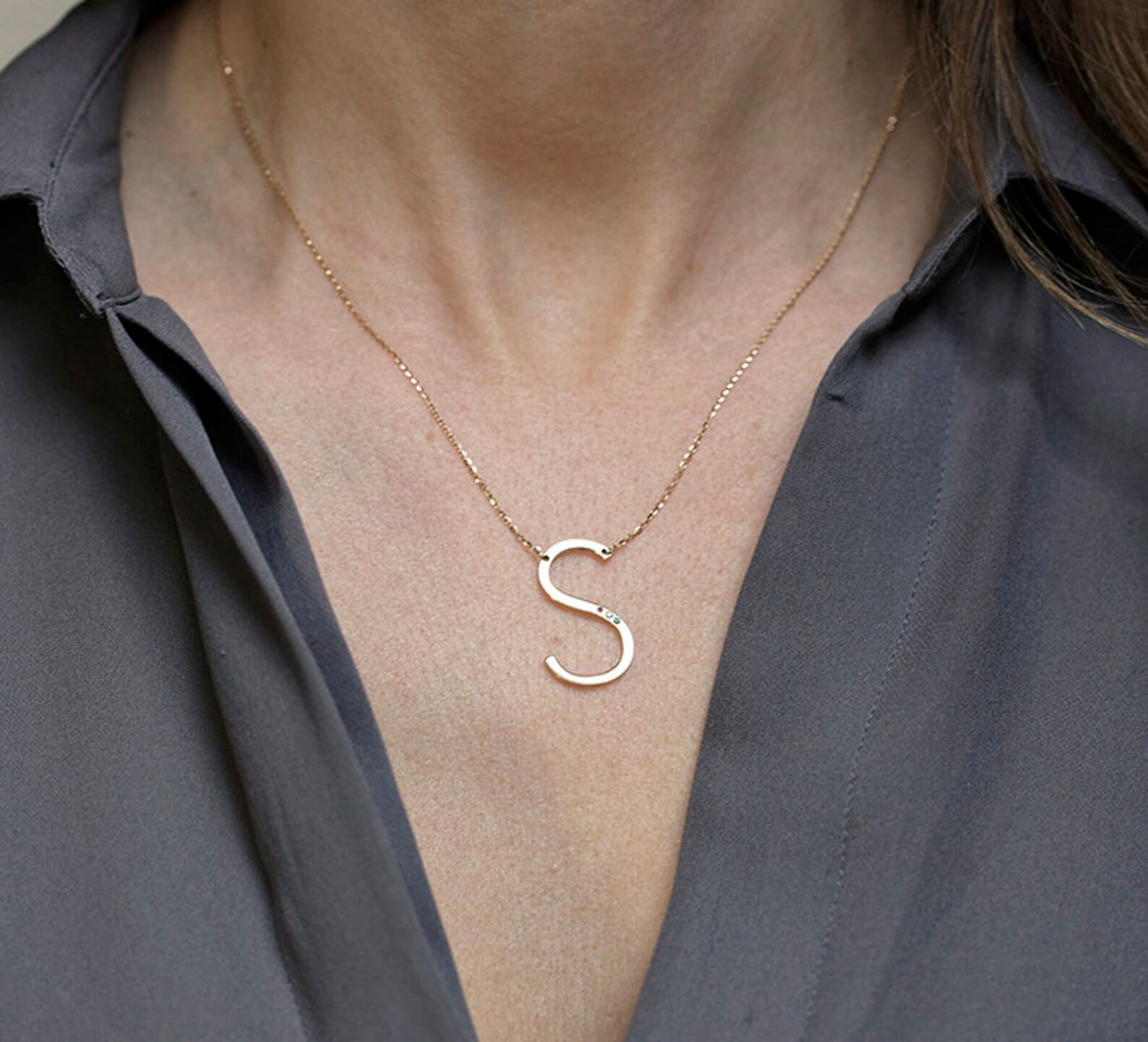 Solid Gold Initial Necklace Large Gold Initial Necklace Etsy