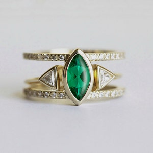 Blue Sapphire Engagement Set, Marquise Wedding Ring, Open triangle diamond band image 4