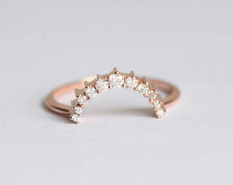 Curved Diamond Crown Ring in 14k or 18k Solid Gold with Shared Prongs, Matching or Nesting Band
