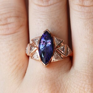 Art deco Tanzanite Engagement ring, Tanzanite diamond ring, Unique trillion diamond ring image 3