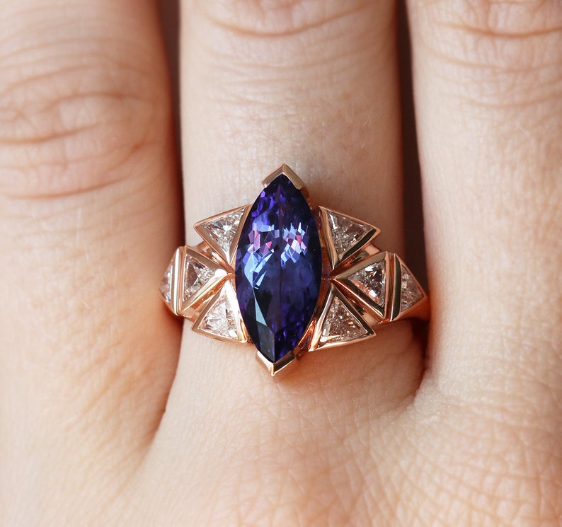 Art deco Tanzanite Engagement ring, Tanzanite diamond ring, Unique trillion diamond ring image 3