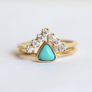 Turquoise engagement ring set, Diamond wedding band, Trillion solitaire ring, Curved matching band image 3