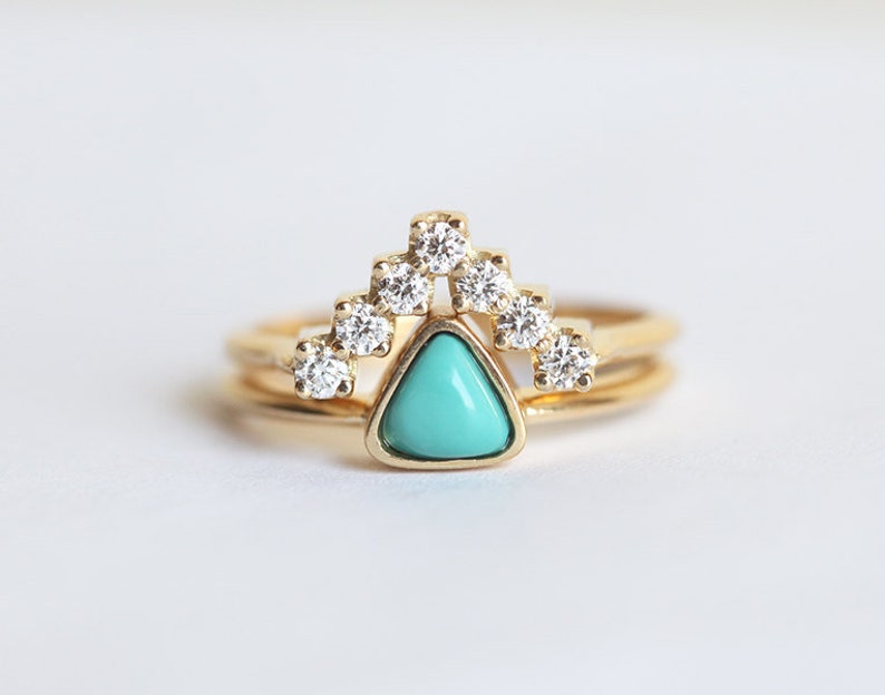 Turquoise engagement ring set, Diamond wedding band, Trillion solitaire ring, Curved matching band image 3