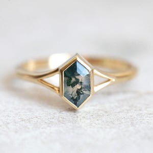 Moss agate ring, or engagement set, Hexagon cut gemstone ring, Modern organic solitaire, Alternative ring