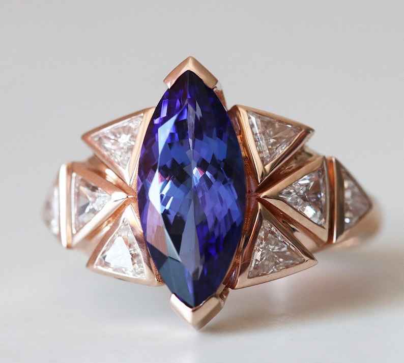 Art deco Tanzanite Engagement ring, Tanzanite diamond ring, Unique trillion diamond ring image 1