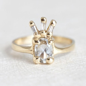 Handmade 14k Yellow Gold Engagement Ring: White Sapphire & Baguette Diamond