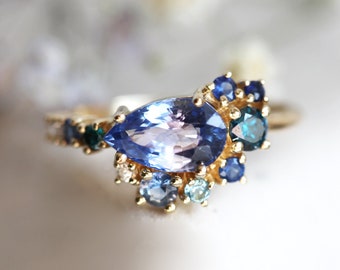 Pear Blue Sapphire Engagement Ring, Pear Sapphire Cluster Engagement Ring, Blue Sapphire Ring, Unique Multistone Engagement Ring