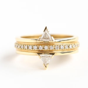 Artdeco Diamond Ring, Triangle Diamond Engagement Ring, 18k Yellow Gold Diamond Ring with Pave Diamond Band