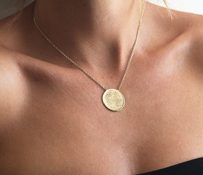 Actual fingerprint necklace, Solid gold, or silver thumb print necklace, Custom memorial disc necklace image 6