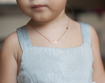 Personalized Name & Sideways Heart Baptism Necklace, Child Necklace in 14k or 18k Solid gold, Sterling Silver or Vermeil