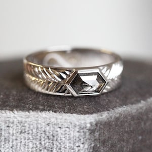 Natural Diamond Ring, Hexagon Diamond Engagement Ring, Wide Diamond Ring with Salt Pepper Diamond, Geometric Diamond Band