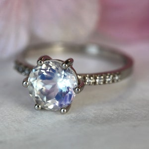 Moonstone engagement ring, Rainbow moonstone & diamond ring, Round solitaire, Pave wedding ring image 2