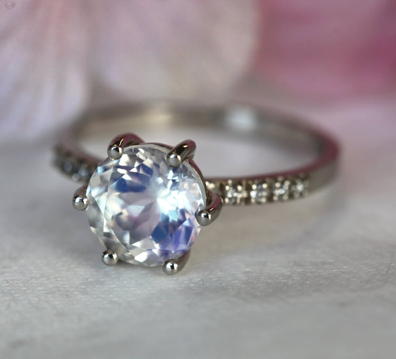 Moonstone engagement ring, Rainbow moonstone & diamond ring, Round solitaire, Pave wedding ring image 2