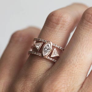 Diamond Engagement Ring Set, Diamond Wedding Ring Set, Marquise Diamond Ring With triangle Diamond Band, Double Diamond Band, Capucinne