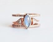 Moonstone Wedding Ring Set, Rainbow Moonstone Engagement set, Triangle Diamond open ring