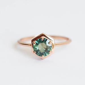 Teal Sapphire Ring, Sapphire Engagement Ring, Teal Blue Sapphire Ring, Rose Gold Sapphire Ring, Hexagong Ring, Simple Engagement Ring image 3