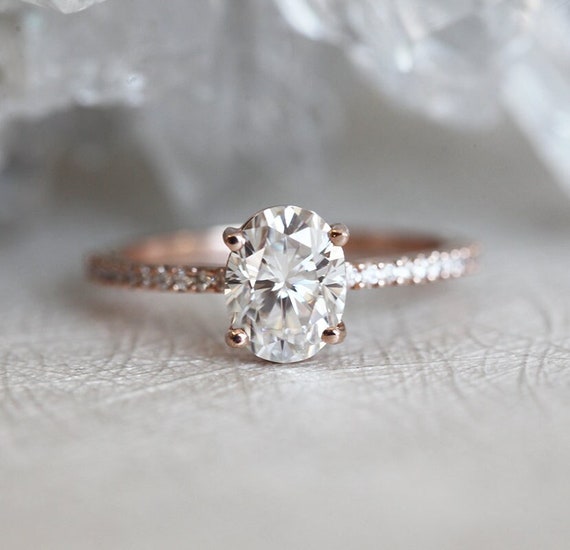 Moissanite Engagement Ring Rose Gold With Pave Diamond Band - Etsy