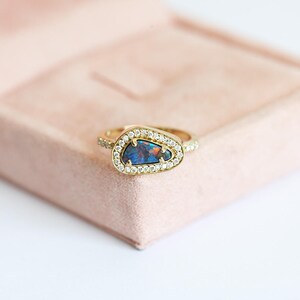 Asymmetrical Australian Black Opal and Diamond Halo Ring in 18k Solid Yellow Gold, One of a Kind Ring with a Bezel Setting image 10