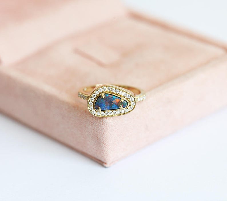 Asymmetrical Australian Black Opal and Diamond Halo Ring in 18k Solid Yellow Gold, One of a Kind Ring with a Bezel Setting image 10