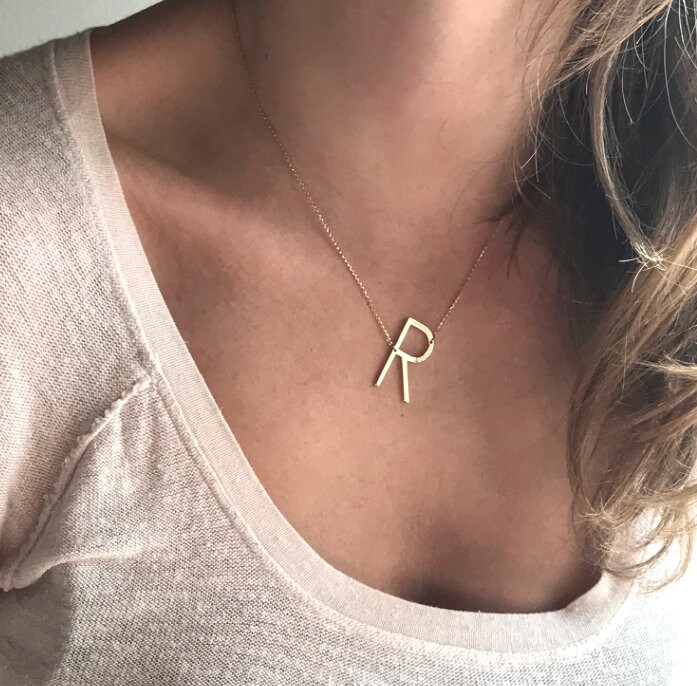 Solid Gold Initial Necklace Large Gold Initial Necklace Etsy