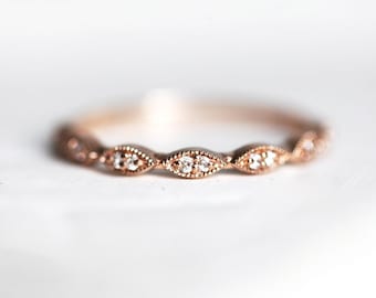 Vintage Style Diamond Wedding Band: 14k Gold Marquise Eternity Ring