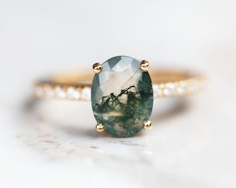 Oval Moss Agate Engagement Ring: Green Gemstone & Moissanite