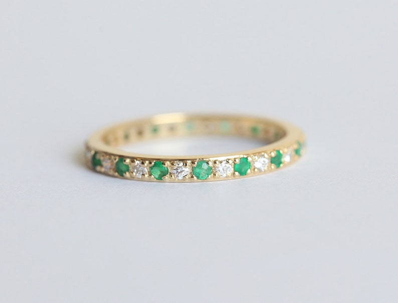 Diamond and Emerald Wedding Ring, Emerald Wedding Band, Pave Diamond Ring, Gold Emerald Ring, 18k Yellow Gold Wedding Ring image 3