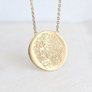 Actual fingerprint necklace, Solid gold, or silver thumb print necklace, Custom memorial disc necklace image 2